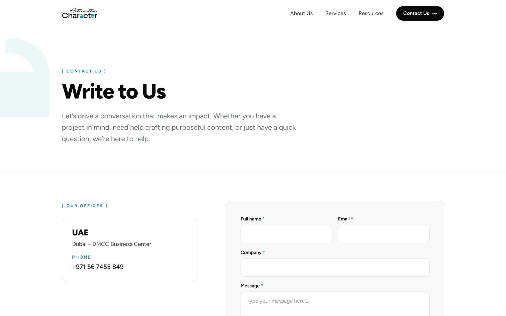 Alternative Character contact page