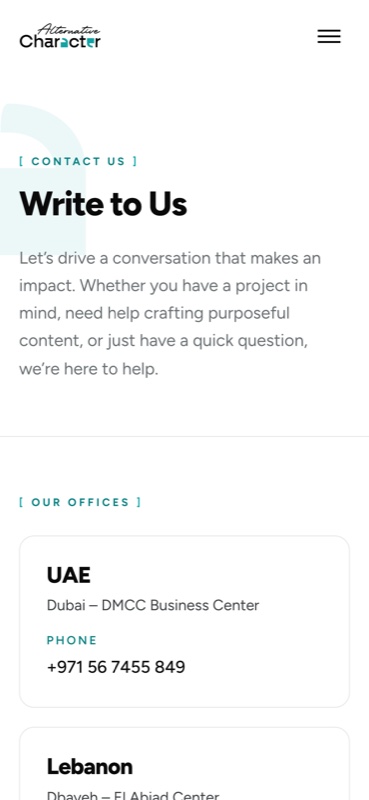 Alternative Character mobile contact page