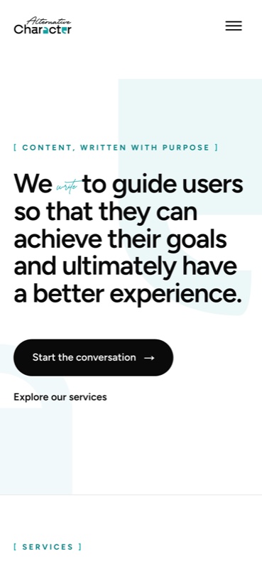 Alternative Character mobile homepage