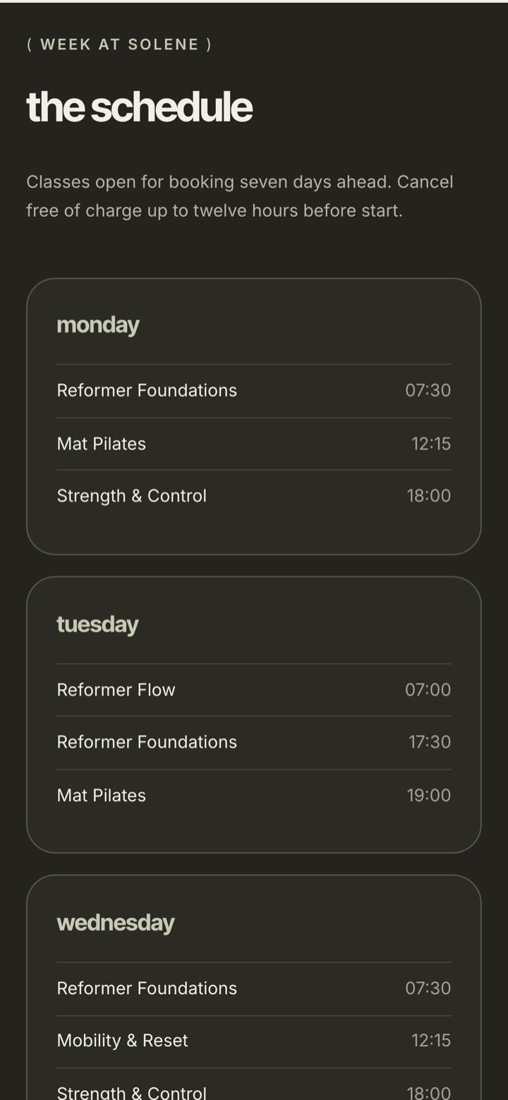Solene Pilates mobile schedule page